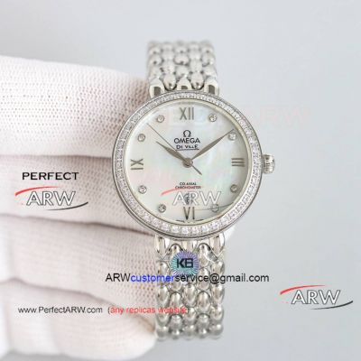 AAA Copy Omega De Ville Pearl Shell Diamond Bezel Silver Stainless Steel Women's Watch 